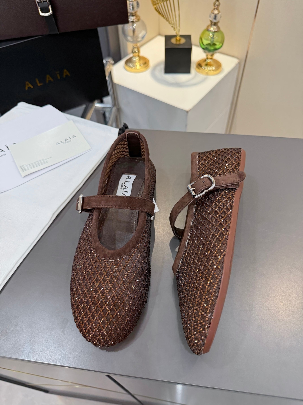 ALAÏA Dark Brown Rhinestone Ballet Flats - Picture 3 of 8